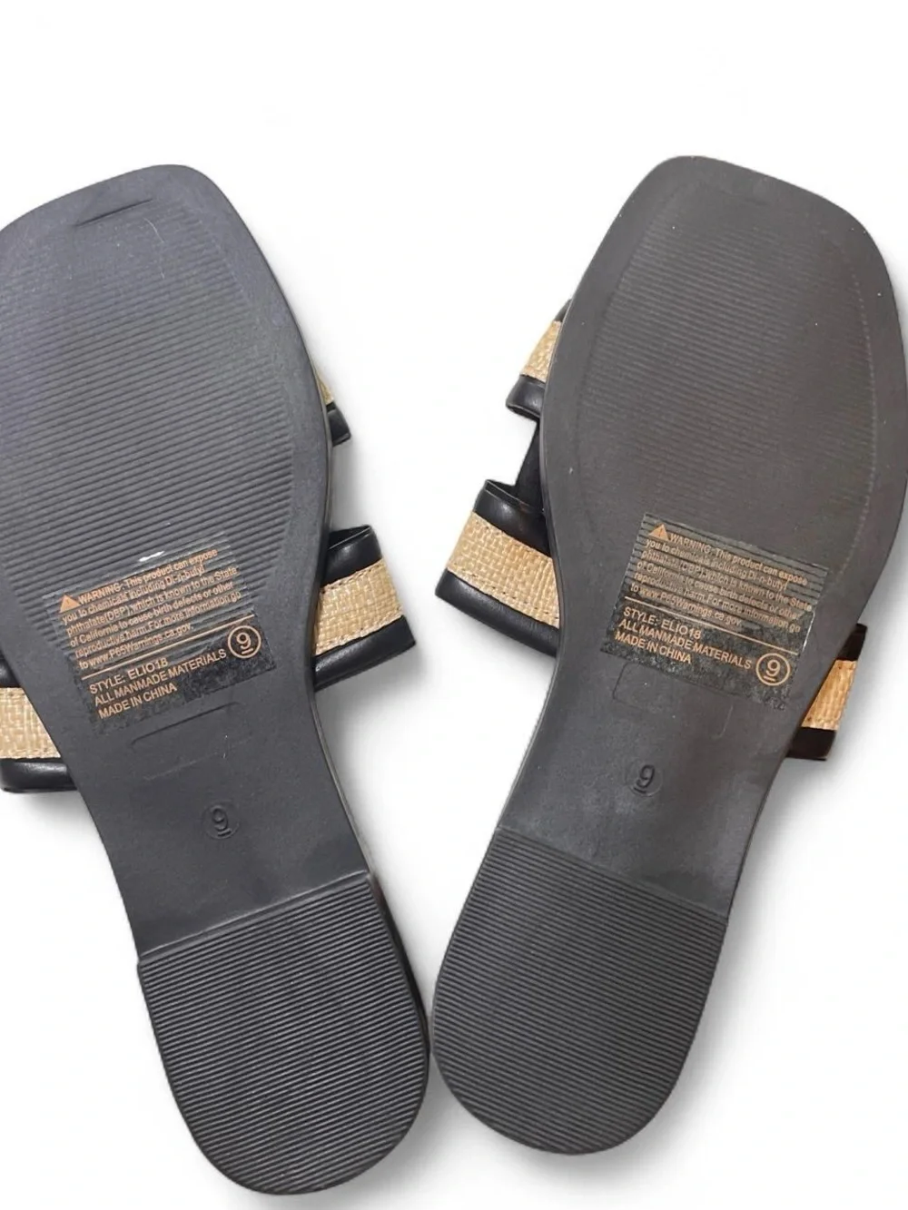 Fashion Nova Black & Tan Raffia Slide Sandals